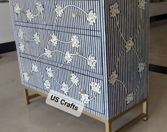 Bone Inlay Flower Design Chest of 3 Drawers in Indigo Blue, Bone Inlay Flower Design Dresser Table, Bone Inlay Storage Unit