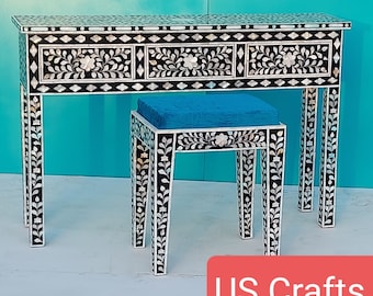 Mother of pearl inlay work floral designe entryway Table and Stool Black,Mother of pearl inlay Floral designe Desk and stool Black,