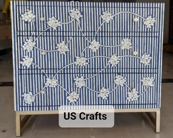 Bone Inlay Flower Design Chest of 3 Drawers in Indigo Blue, Bone Inlay Flower Design Dresser Table, Bone Inlay Storage Unit