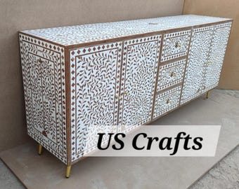 Wooden inlay scroll vine sideboard, Handmade wood inlay media Cabinet, Wood Inlay buffet, Living room storage unit