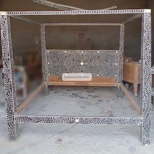 Bone inlay handmade floral pattern four poster double bed, Bone inlay handmade four poster king/queen size bed, Bedroom furniture