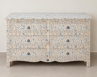Cómoda moderna de madera con incrustaciones de hueso y diseño floral, 6 cajones, color blanco; tocador moderno de madera con incrustaciones de hueso y diseño floral; aparador con incrustaciones de hueso.