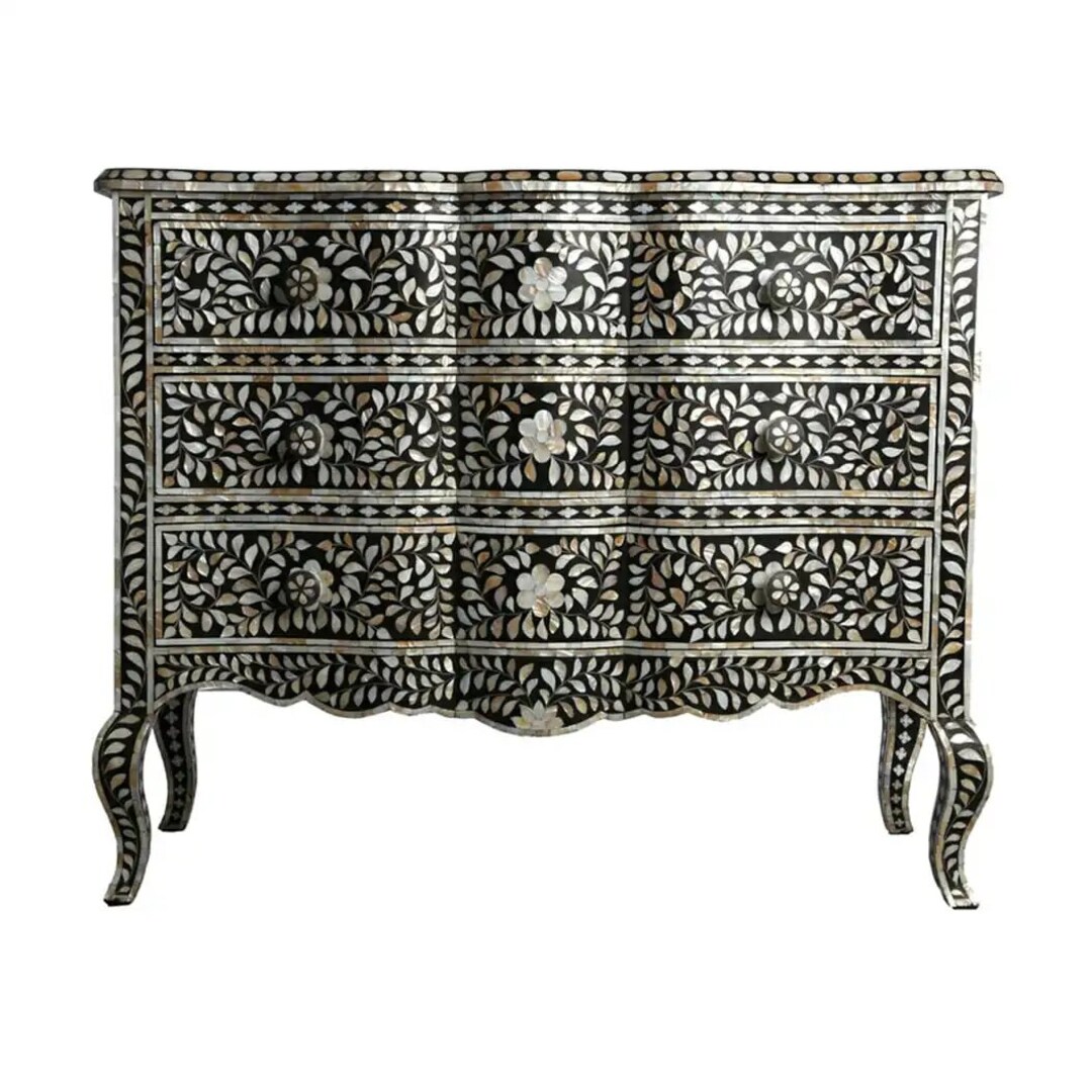 Mother of Pearl Floral Design Chest of 3 Drawers Curved Legs in Black ...