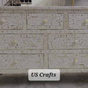 Bone Inlay Chest of 7 Drawers Handmade Floral Design in White, Dresser, Commode, handmade, furniture, bone inlay furniture