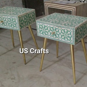 Bone Inlay Moroccan Design Bedside Table Slate Green, Bone Inlay Moroccan Design Night Stand Slate Green, Bone Inlay Storage Unit