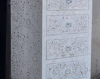 Mother of Pearl Tallboy dresser white, Mother of pearl Dresser white,Mop inlay chest of 6 drawers,Bone inlay furniture
