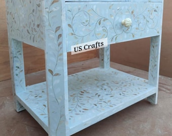 Mother of pearl inlay lightest green Bedside with 1 Drawer 1 shelf, Mother of pearl Inlay lightest green Nightstand with 1 Drawer 1 shelf