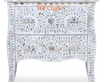 Handmade Mother of Pearl Bedside White,Bone inlay Side table sidetable White,Mother of pearl Nightstand with 2 Drawer White