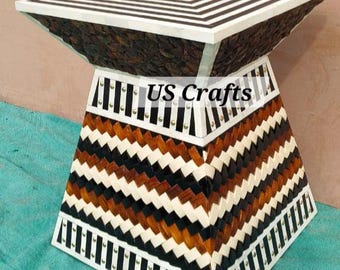 Bone Inlay/Teak Wood Inlay with Resin and Coconut shell Handmade End Table, Bone Inlay/Teak Wood Inlay with Resin and Coconut shell table