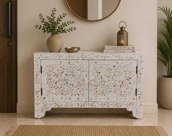 Handmade Mother of Pearl Inlay Cabinet sideboard floral white, Mother of Pearl inlay white floral Vanity table,Mother of pearl inlay bedside