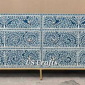 Bone Inlay Floral Design Chest of 6 Drawers Blue, Bone Inlay Floral Design 6 Drawers Dresser Table, Bone Inlay floral blue Sideboard