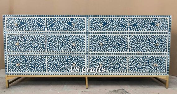 blue bone inlay dresser Handcrafted Moroccan Style Blue Bone Inlay Chest Of Drawers... L(76"Wx18"Dx34"H) / MOP