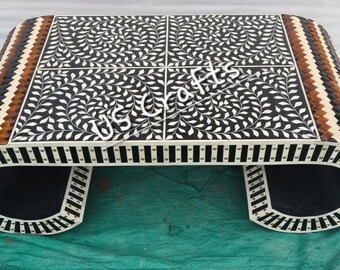 Bone Inlay/Teak Wood Inlay/Resin with Brass Floral Curved Coffee Table, Bone Inlay/Teak Wood Inlay/Resin with Brass Floral Center Table