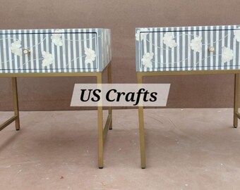 Handmade Bone Inlay Motif Flower Design set of 2 Bedside Table Grey, Bone Inlay Motif Flower Design set of 2 Night Stand Table Grey