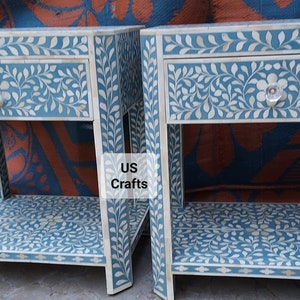 Bone Inlay Bedside Table With Shelf Blue, Bone Inlay Nightstand Table With Shelf Blue, Bone Inlay Storage Unit, Free Shipping