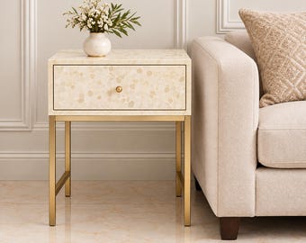 Bone Inlay Geometric Design Bedside Table Off-white, Bone Inlay Geometric Design Night Stand Table Off-white