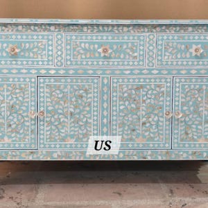Handmade Mother of Pearl Chest of Drawers & Doors Blue,Mother of pearl inlay Blue Dresser, Mother of pearl inlay inlay blue sideboard