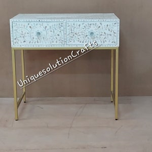 Handmade Mother of Pearl inlay floral Scrollvine 2 drawers Desk white, Mother of pearl inlay scrollvine console table white, Livingroom Desk