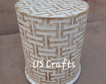Bone Inlay Handmade Geometric Pattern Round End Table, Bone Inlay Handmade Geometric Design Round Side Table, Bone Inlay Round Drum