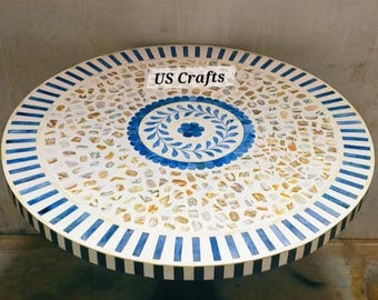 Handmade Bone Inlay & Mother of Pearl Inlay round Center table, Bone Inlay n Mother of Pearl Inlay coffee table, Round Livingroom table