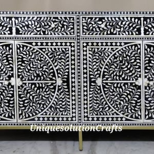 Bone Inlay floral Design Buffet Table Black, Bone Inlay Cabinet Table Black, Bone Inlay Storage Unit