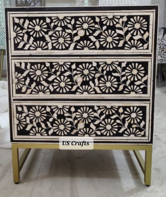 Bone Inlay Sun Flower Pattern Nightstand Table Black Bone Inlay