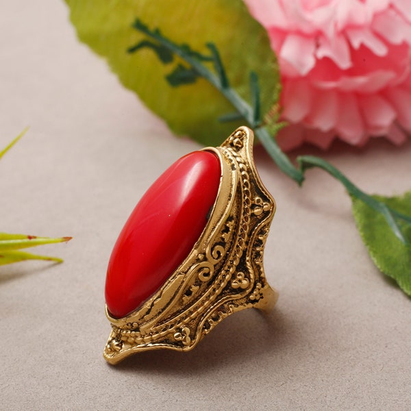 Red Coral Ring, Coral Jewelry, Brass gemstone Ring, Boho Ring, Wedding Ring, Handmade Ring, Dainty ring, Gift For Her, Personalized gift