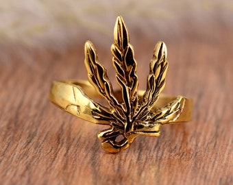 Anillo de hoja de marihuana de latón hecho a mano, joyería unisex llamativa