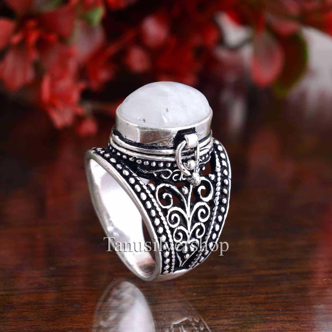 Moonstone Poison Box Ring for Women, Oxidized Silver Secret Locket
