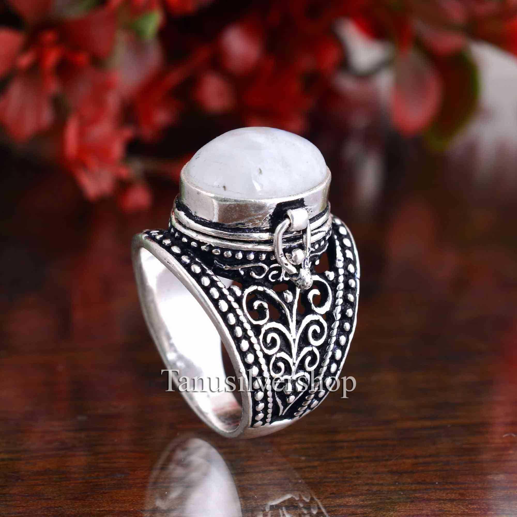 Moonstone Poison Box Ring for Women, Oxidized Silver Secret Locket