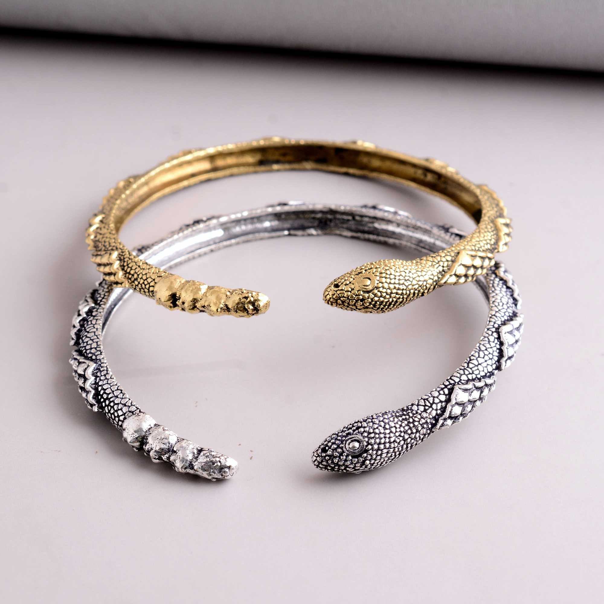 Double Snake Head Cuff Bracelet | Tribal Serpent Armlet | Silver