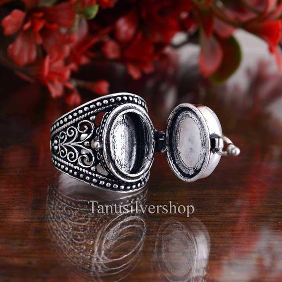 Moonstone Poison Box Ring for Women, Oxidized Silver Secret Locket