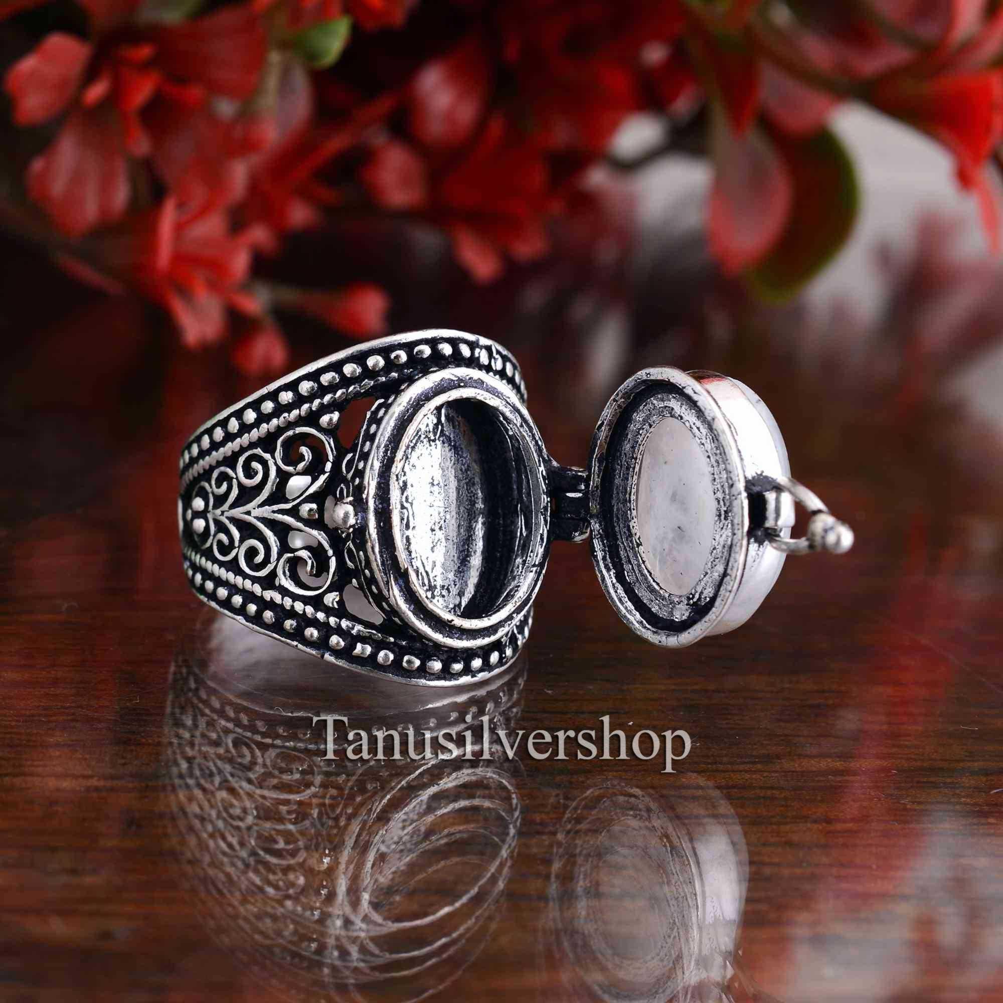 Moonstone Poison Box Ring for Women, Oxidized Silver Secret Locket