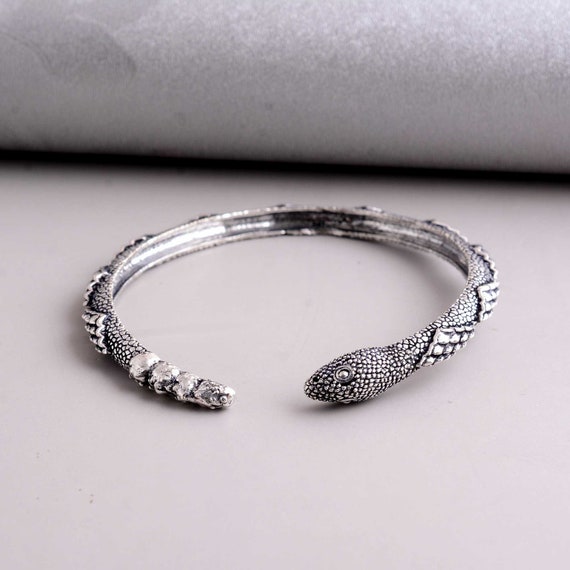 Double Snake Head Cuff Bracelet | Tribal Serpent Armlet | Silver