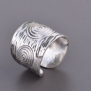 Sterling Silver Boho Wide Band Ring with Spirals and Oxidized Engraving, Handmade Rustic Women or Men adjustable Cuff Ring, Thumb ring
