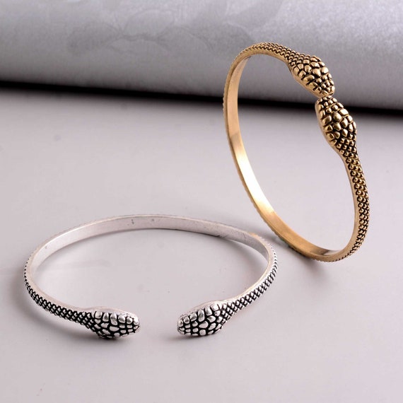 Snake Head Bangle Bracelet, Dual Serpent Open Cuff in Silver or