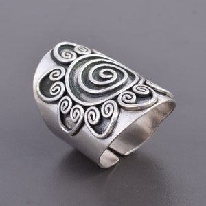 Sterling Silver Boho Wide Band Ring with Spirals and Oxidized Engraving, Handmade Women or Men adjustable Cuff Ring, Thumb ring