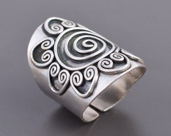 Sterling Silver Boho Wide Band Ring with Spirals and Oxidized Engraving, Handmade Women or Men adjustable Cuff Ring, Thumb ring