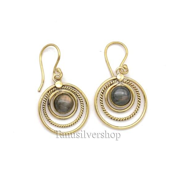 Boucles D'oreilles Tribales En Laiton Avec Labradorite - Neuf Avec étiquettes