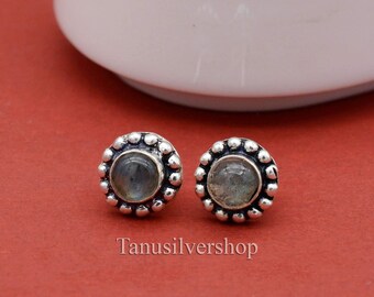 Handmade Brass Stud Earrings | Boho Ethnic Earrings for Her | Minimalist Tribal Jewelry | Small Statement Gift | labradorite Studs