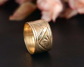 Handmade Brass Wide Band Ring, Geometric Tribal Design