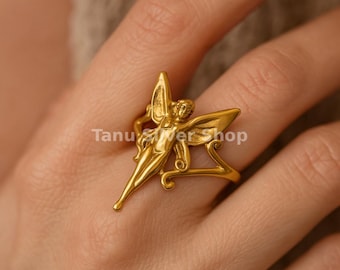 Messing Feen Ring für Frauen - Handgemachter Feen Engel Ring, verstellbarer goldfarbener Ring, Geschenk für Freundin