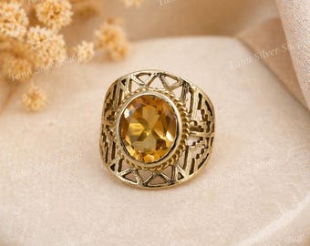 Gold Citrine Statement Ring, Vintage Filigree Ring, Boho Gemstone Ring, Oval Stone Ring, Bold Gold Jewelry, Gift for Her