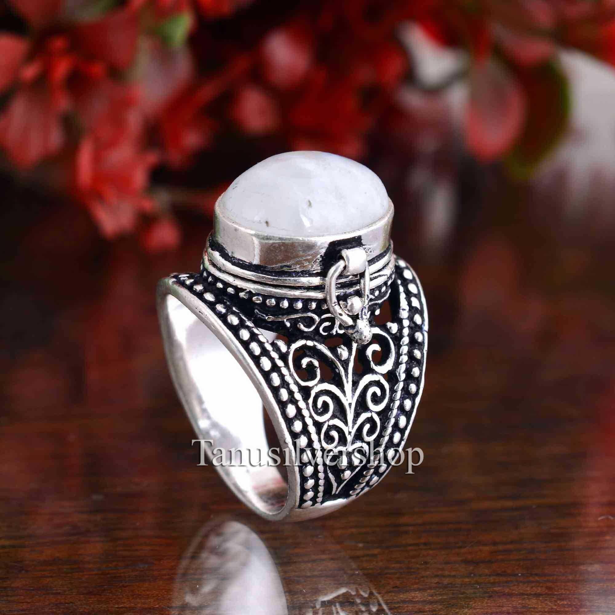 Moonstone Poison Box Ring for Women, Oxidized Silver Secret Locket
