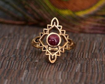 Handmade Brass Garnet Ring, Vintage Style Gemstone Statement Ring