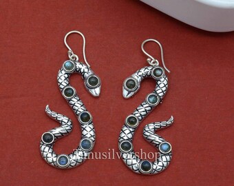 Snake Earrings with Gemstones | Boho Gothic Dangle Earrings | Silver Serpent Earrings | Witchy Jewelry for Her | Reptile Magic Gift