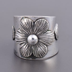 Sterling Silver Ring, Wide Band Ring, Flower Ring, Statement Ring, Handmade Ring, Hippie Ring, Boho Ring, Floral Ring, Adjustable Ring,
