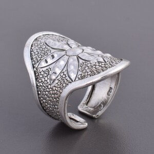 Sterling Silver Flower Statement Ring, Handmade Ring, Wide Band Ring, Hippie Tribal Rustic Long cuff Ring, Thumb ring,Valentine Sale