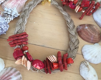 handmade necklace and bracelet made  of twine, coral and preciosa crystals