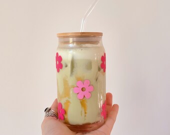 BubbleGum Glass 16Oz beer can cup with flowers